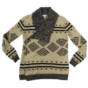 Charming Charlie Southwestern Shawl Collar Sweater Small Beige Black